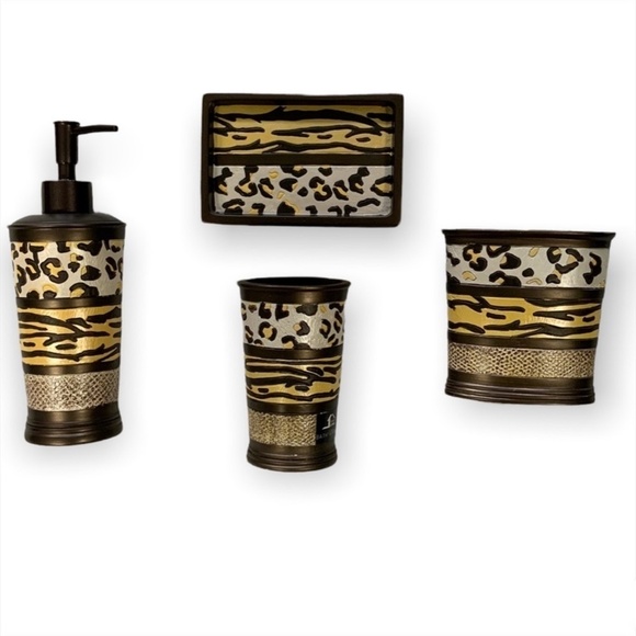 Animal Print Exotic Bathroom Accessory 4 Piece Set Brown Tan Multicolor Gazelle - Picture 3 of 12